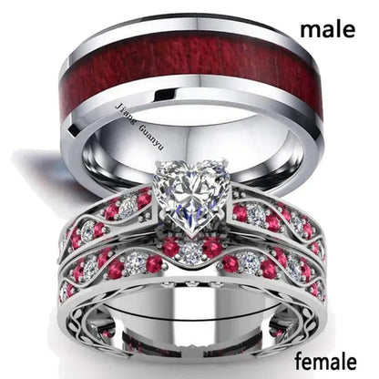 TWO RINGS Sz6-12 Couple Rings His Hers Ruby Heart Shape Cz Womens Ring Tungsten Steel Ring