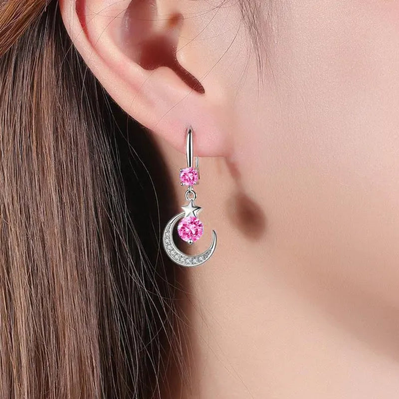 Female Fashion Star Moon Earrings Silver Plated Pink Blue White Cubic Zirconia Dangle Earrings Bride Wedding Engagement Anniversary Valentine's Day Gift Jewelry