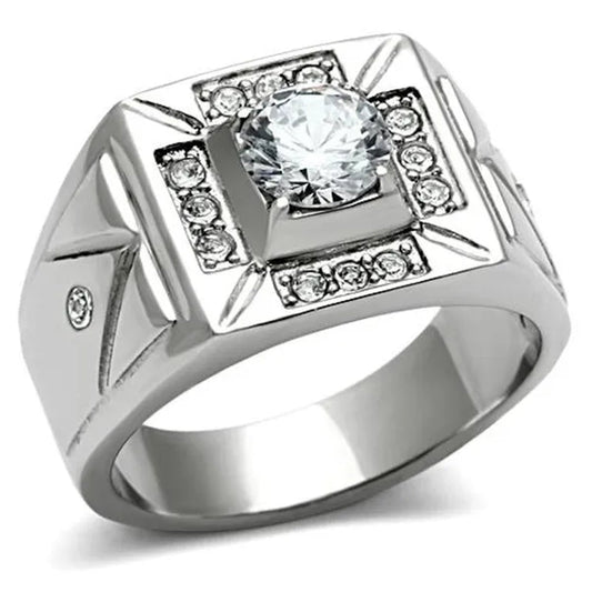 Men's 1.24 Ct Round Cut Simulated Diamond Silver Stainless Steel Ring Sizes 8-13