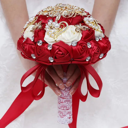 8 Inch Wine Red & Milk White Bridal  Bouquets Artificial Satin Rose Gold Diamond Brooch Bride Holding Flowers Party Valentine Bouquet