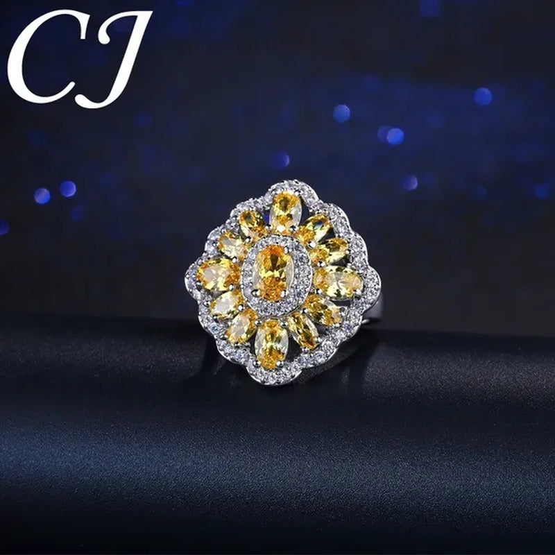 CANDICE Sparkling AAA Oval Yellow Cubic Zirconia Women Sterling Silver Plated Ring for Wedding Party（Us SIZE 6-9）