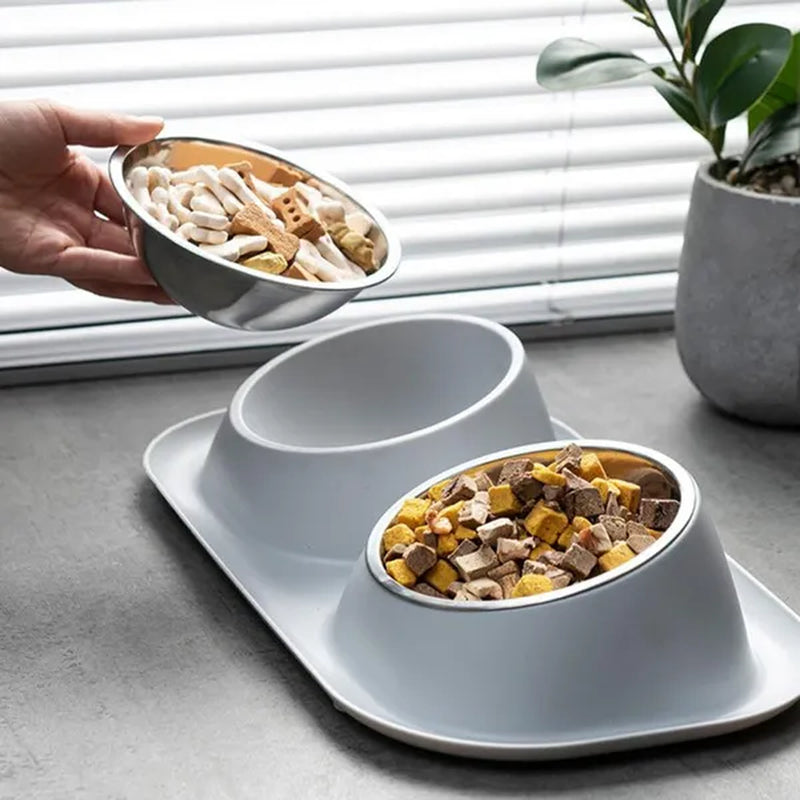 Double Dog Bowls Pet Cat Feeding Stainless Steel Water Food Bowls Feeder Tilted Elevated Cat Bowl Dispenser Pet Accessories