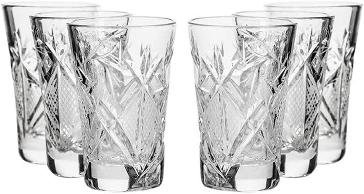 World Gifts Set of 6 Russian Cut Crystal Shot Glasses 1.2 Oz. Hand Made Soviet USSR Vodka Shooters - Vintage Design