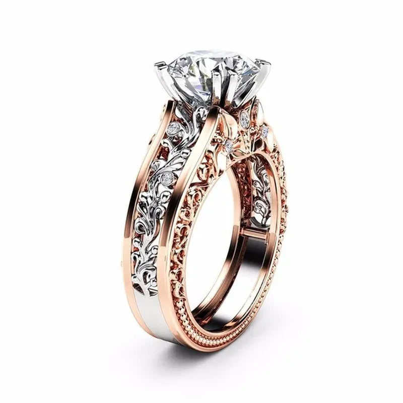 10mm Round Cut Rose & White Gold Plated 925 Sterling Silver Champagne & White Topaz Bridal Engagement Two Tone Gold Ring Size 5-11