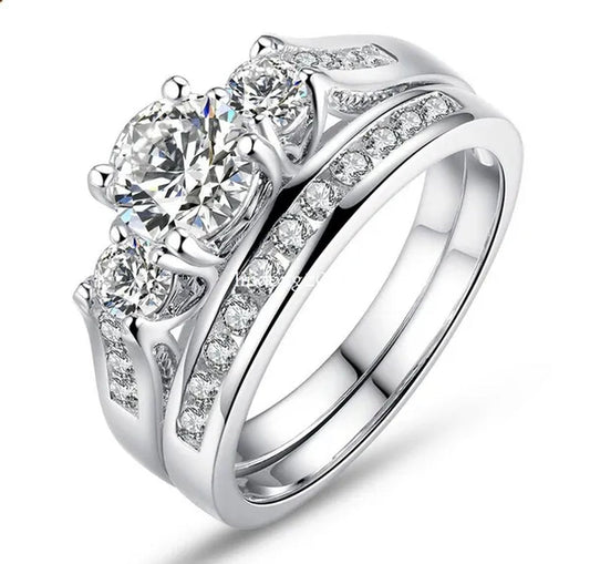 Sz6-9 10kt Wedding&Engagement Ring Bridal set White Gold Filled Three Stone CZ Lady Band