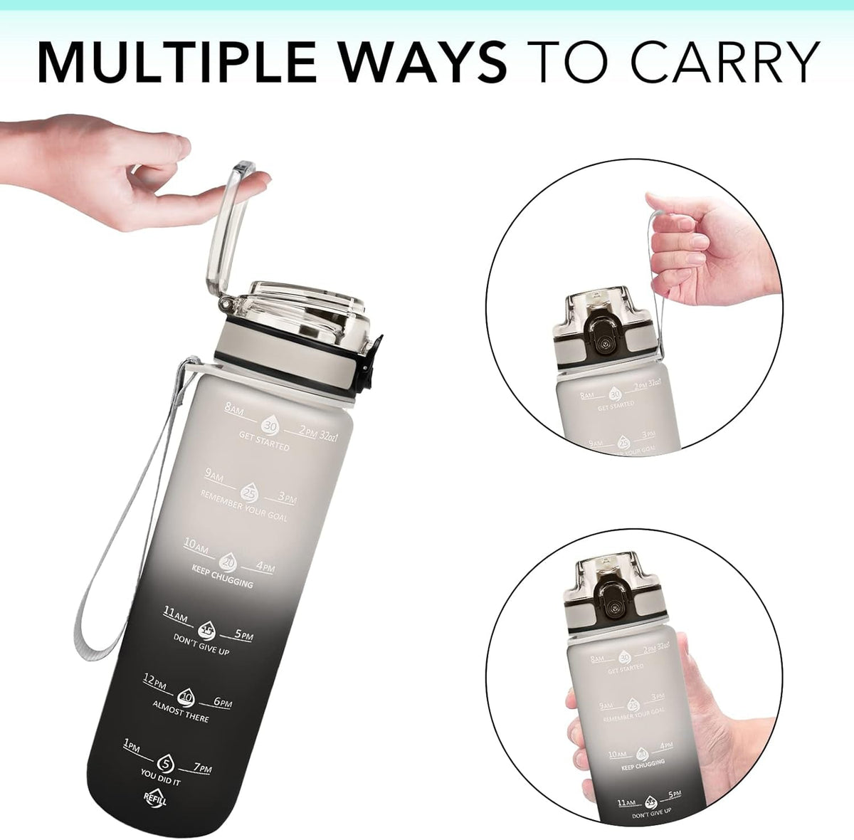 32Oz Motivational Water Bottles with Time Marker and Fruit Strainer, Sports Water Bottle with Times to Drink, Leakproof, Reusable Plastic Bottle with Strap No Straw for Gym, School