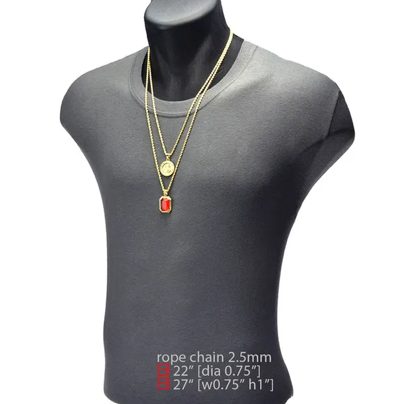 14K Gold Plated Medallion Jesus & Simulated Red Ruby 22"&27" Combo Pendant Chain Necklace