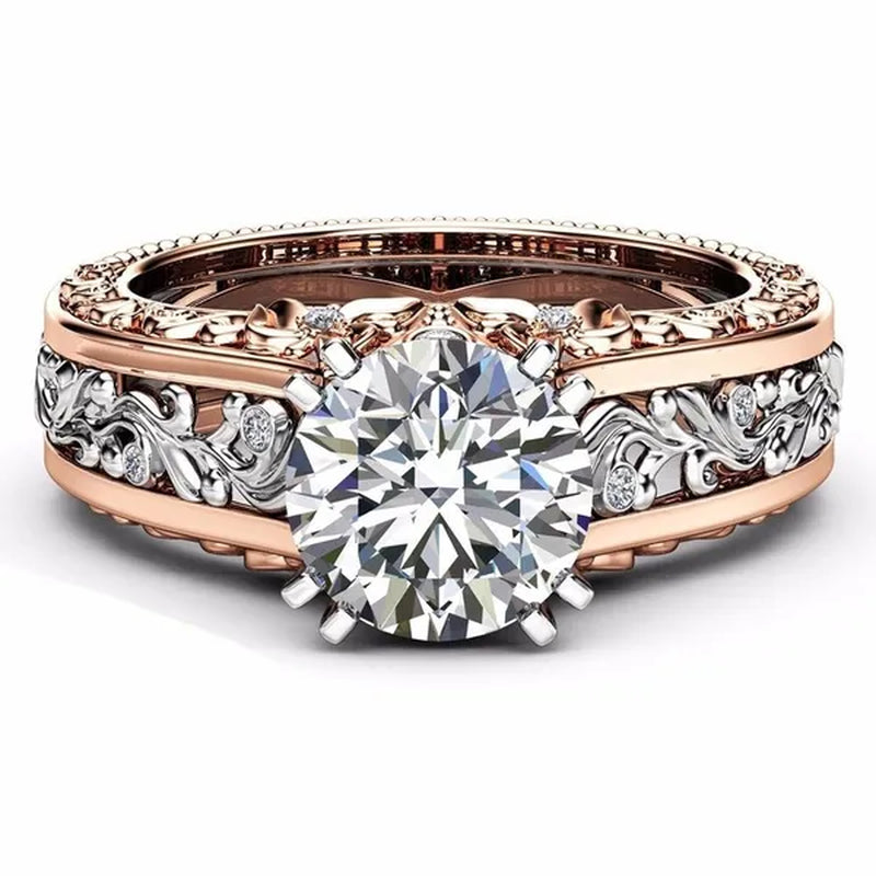 10mm Round Cut Rose & White Gold Plated 925 Sterling Silver Champagne & White Topaz Bridal Engagement Two Tone Gold Ring Size 5-11