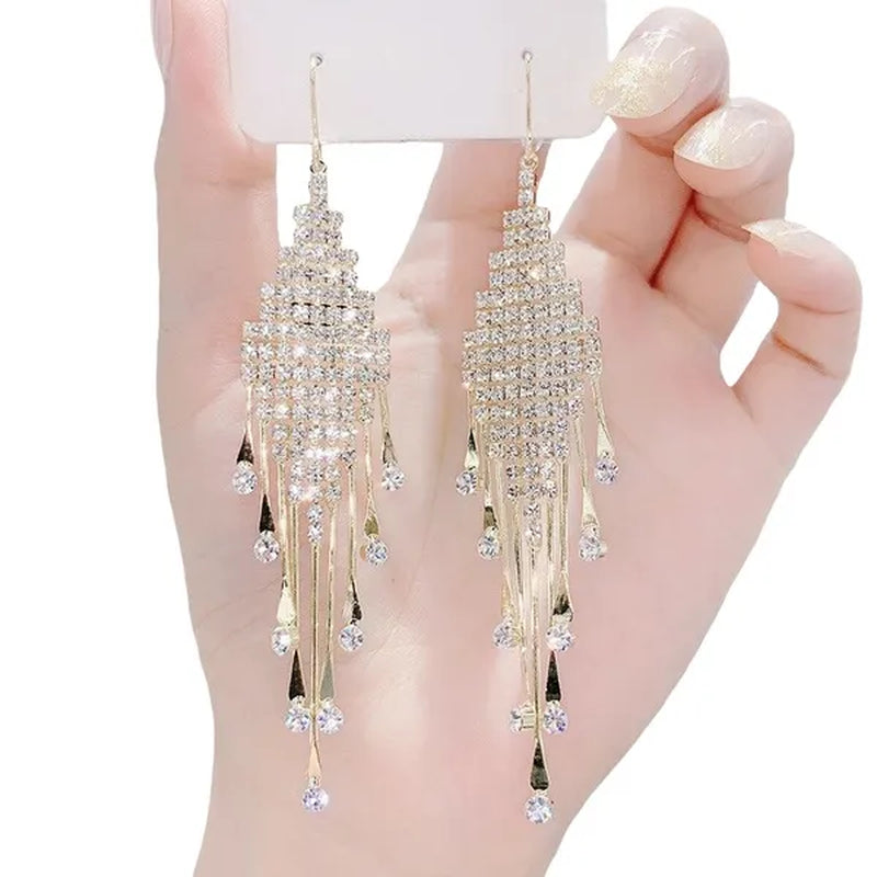 Fashion Women Clear Rhinestone Long Tassel Earrings 925 Silver Needle Temperament Earring Luxury Lady Party Drop Earrings