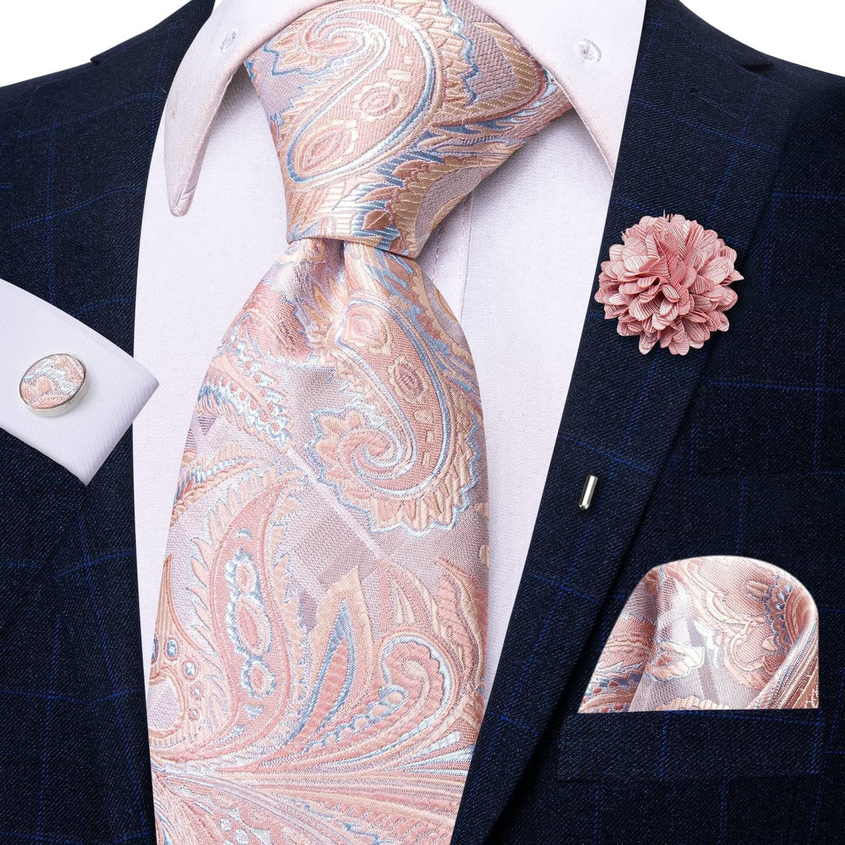 Mens Tie Set Silk Striped Woven Necktie with Lapel Pin Pocket Square Cufflinks Set for Wedding Party