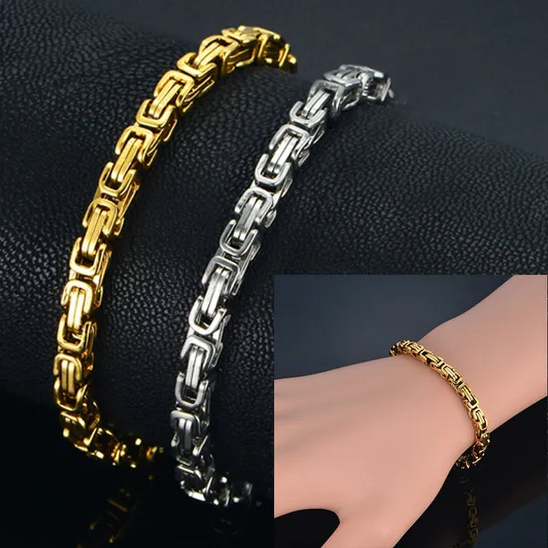 Mens Stainless Steel Bracelet Box Byzantine Chain ,Unisex 4MM 18K Gold / Silver Plated Jewelry