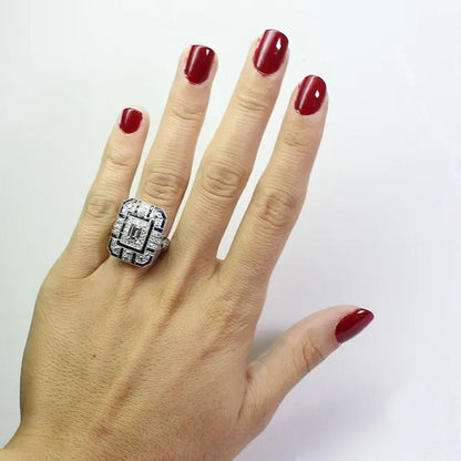 Antique Art Deco 925 Sterling Silver Red Ruby & Diamond Ring