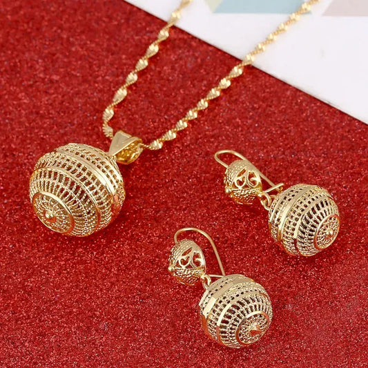 Hot Sale 24k Gold Jewelry Set Necklace Earrings Pendant Fashion African Round Beads Jewelry For Women