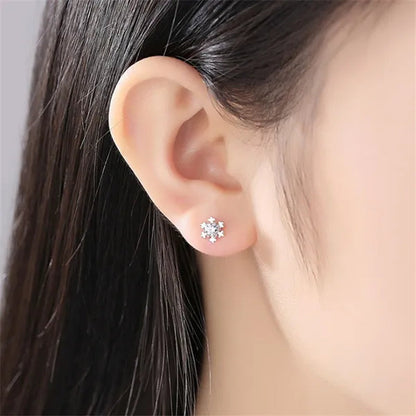 Romantic Snowflake Earrings 14K White Gold 7mm Diamond Embellishment Flower Ear Studs Christmas Decor Gifts