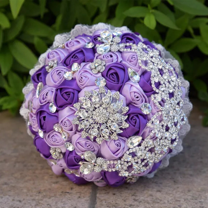 18CM Luxury Crystal Brooch Bride Bouquet Holding Flower Ribbon Lace Wedding Bouquet Artificial Simulation Rose Wedding Flower Bridesmaid Bouquet
