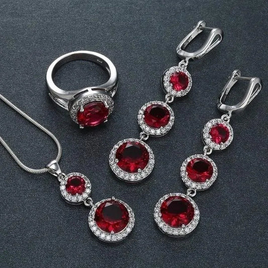 3Pcs/Set Women 925 Silver Plated Black Sapphire Ring Earrings Necklace Jewelry Set (Choice Color and Size)