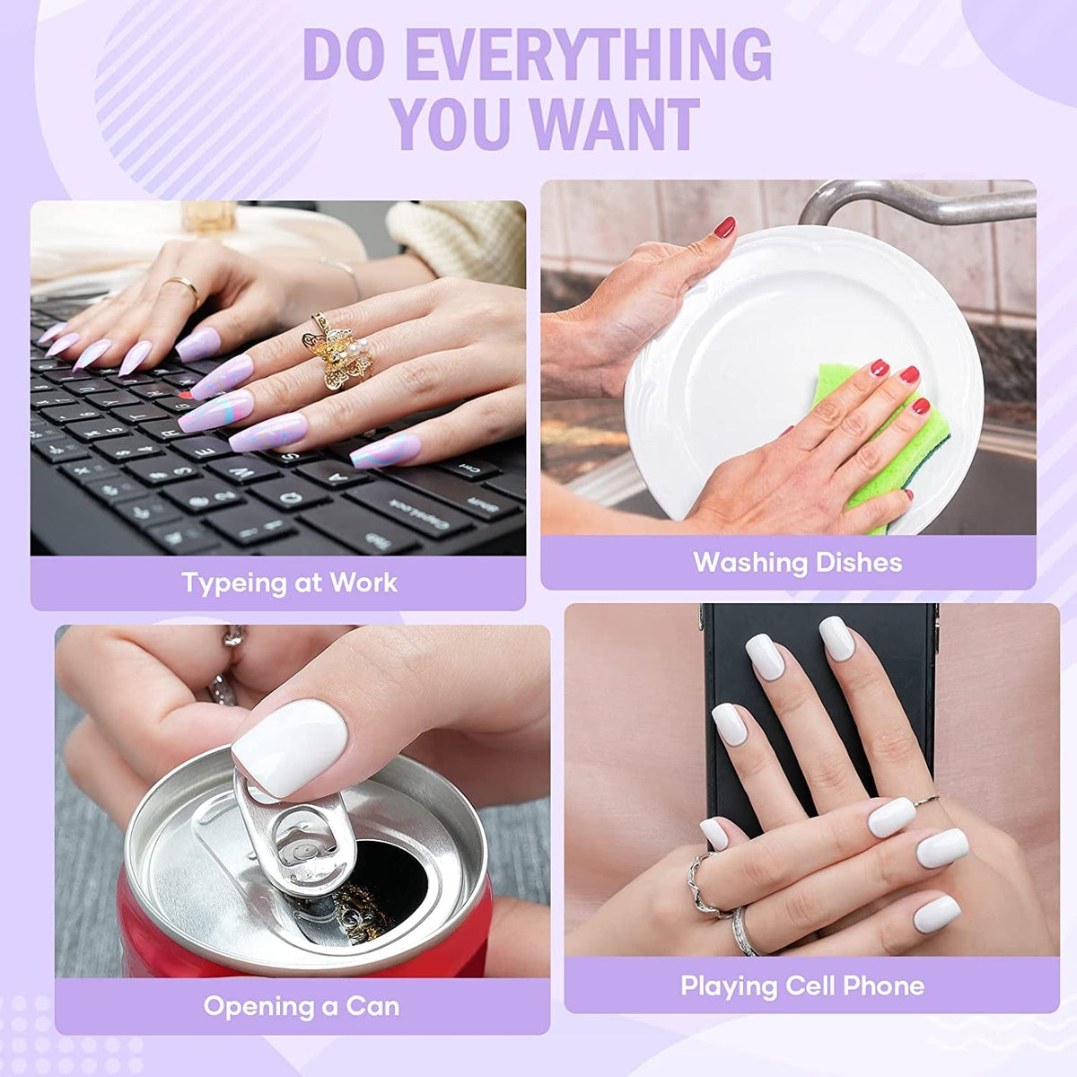 White Press on Nails Short,  Square Solid Color Fake Nails with Glue, Reusable & Natural Acrylic False Nails Stick on Nails for Women Girls Gift, Gel Nail Kit, 24pcs