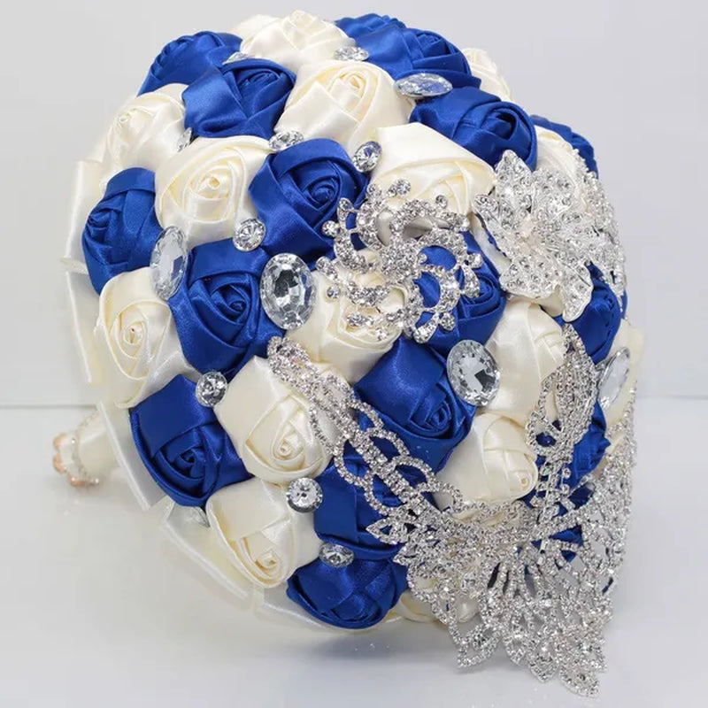 21CM Luxury Crystal Brooch Bridesmaid Bridal Bouquet Shiny Rhinestone Tassel Wedding Flower Bouquet Ribbon Silk Rose Artificial Flower Wedding Supplies