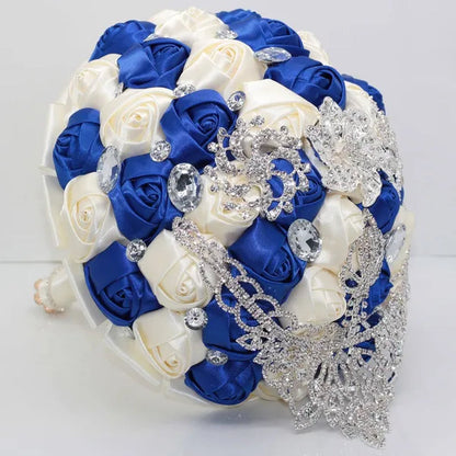 21CM Luxury Crystal Brooch Bridesmaid Bridal Bouquet Shiny Rhinestone Tassel Wedding Flower Bouquet Ribbon Silk Rose Artificial Flower Wedding Supplies
