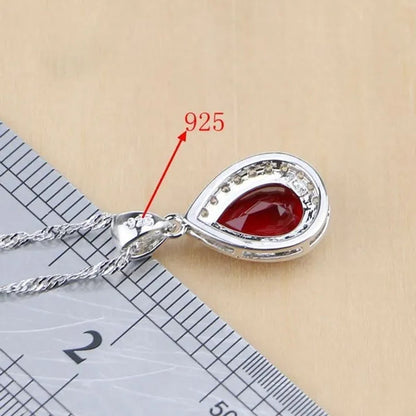 Water Drop 925 Sterling Silver Jewelry Red Ruby White Topaz Jewelry Sets Women Earrings/Pendant/Necklace/Rings/Bracelet