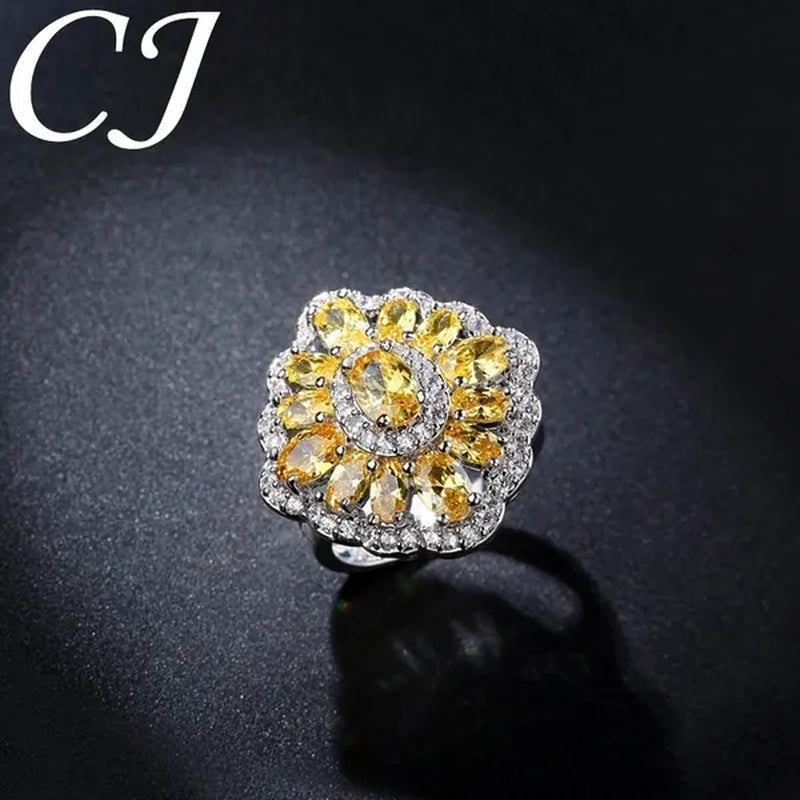 CANDICE Sparkling AAA Oval Yellow Cubic Zirconia Women Sterling Silver Plated Ring for Wedding Party（Us SIZE 6-9）