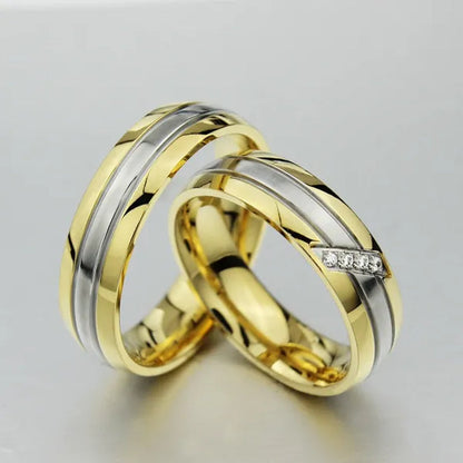 18k Gold Plated Silver Stripe CZ Wedding Band Engagement Promise Ring Men/Women's Stainless Steel Jewelry