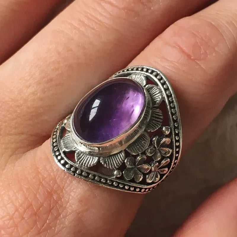 New Women's Fashion Vintage Wide Edge Carved Flower Ring Amethyst Ring Engagement Party Bridal Wedding Jewelry Christmas Valentine's Day Gift Ring