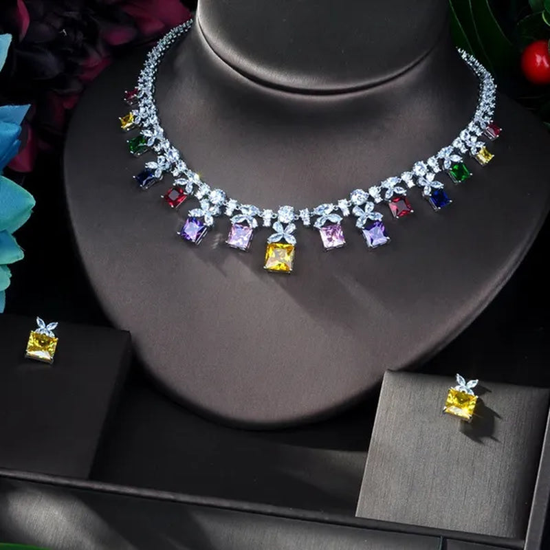 CANDICE Brilliant Princess Cut Yellow Women Jewelry Sets With Clear CZ Elegant White Gold Plated Drop Earrings Necklace Set for Bridal Wedding Dress Accessories