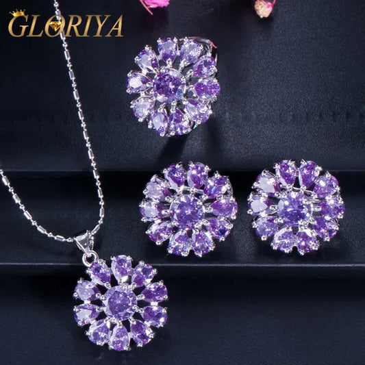 Gloriya Shining Purple Stone Sun Flower Pendant Necklace Earrings Ring Set For Women Newest Silver Color Jewelry