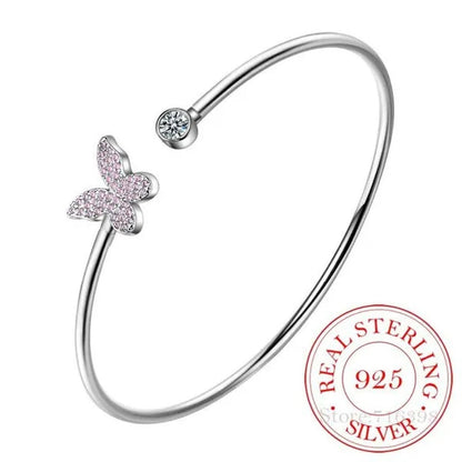 925 Sterling Silver Crystal Butterfly/Dragonfly/Heart Charm Bangles For Women Bracelet &Bangle Wedding Birthday Party Jewelry
