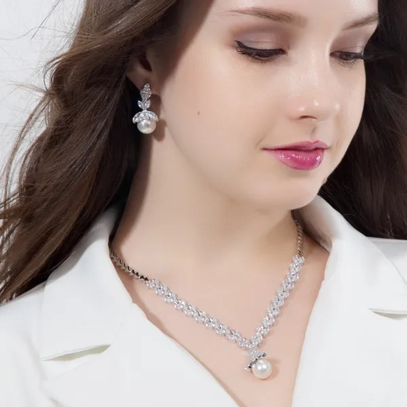 CANDICE Elegant Bridal Accessories AAA Cubic Zirconia With Round White Pearl Pendant Necklace Earrings Wedding Jewelry Sets For Women