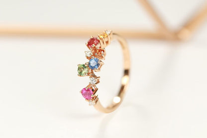 10K Yellow Gold Multi Sapphire, Ruby and Tsavorite Ring with Diamonds for Women | Ethically, Authentically & Organically Sourced (Round-Cut) Shaped Sapphire Hand-Crafted Jewelry for Her | Sapphire Ring for Women