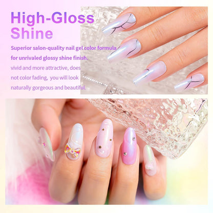 Pearl White Gel Nail Polish Set Iridescent Mermaid Shell Glitter Gel Polish 6 Light Colors Purple Blue Pink Red Gold Shimmer Multichrome Swirl Thread Effect Soak off LED UV Curing Requires