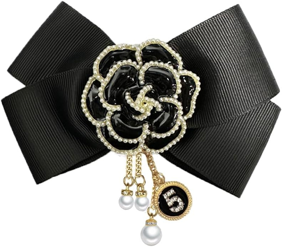 Camellia Flower Pre-Tied Big Bow Tassel Brooch Pin for Women Girls CZ Faux Pearl Lucky Number Five Chain Dangle Charm Fabric Pins Clip Lapel Bouquet Corsage Brooches Elegant Jewelry for Dress Suit