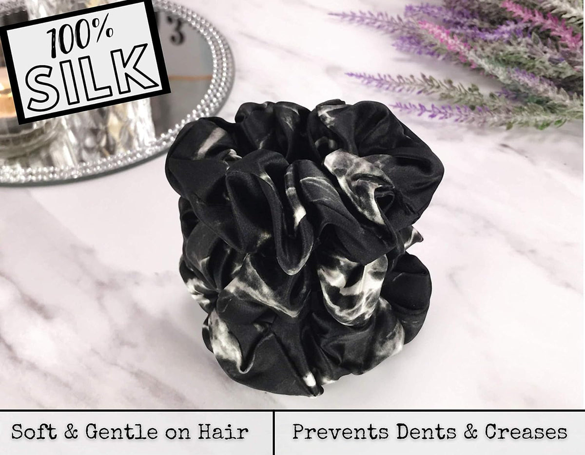 Mulberry Silk Scrunchies for Hair (Black Marble)
