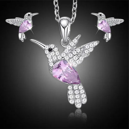 Hummingbird  Silver Jewelry Set Women Pendant Necklace and Stud Earring Set CrystalsFine Animal Jewelry, Gift for Mothers Day
