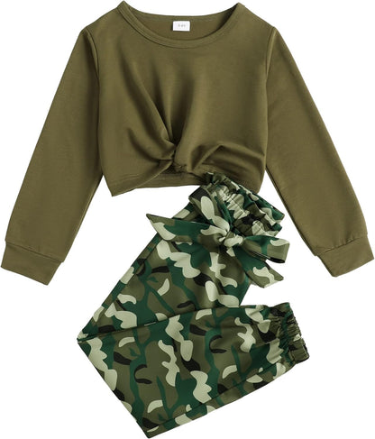 Cute Clothes for Girls Sweatsuit 2 Piece Outfits Kids Twist Front Crop Top Camo Sweatpants Tween Girls Clothing Set