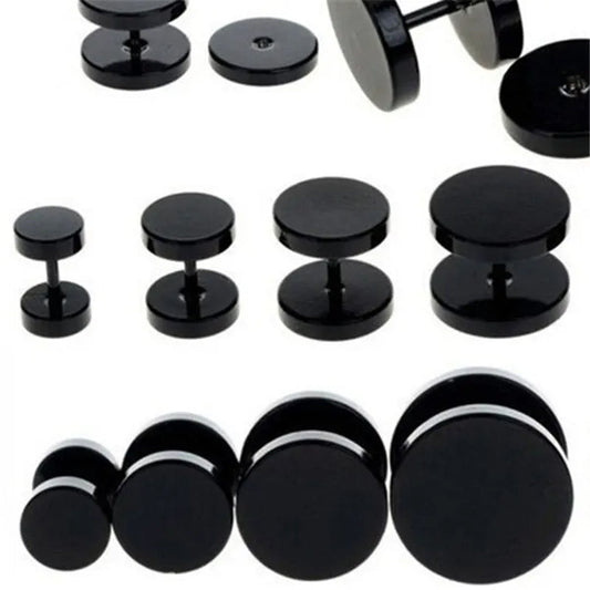 Punk Style Black Silver Stud Earrings Unisex Man Woman Earrings round Barbell Ear Stud Fashion Ear Piercing Jewelry Fake Plug 1 Pair