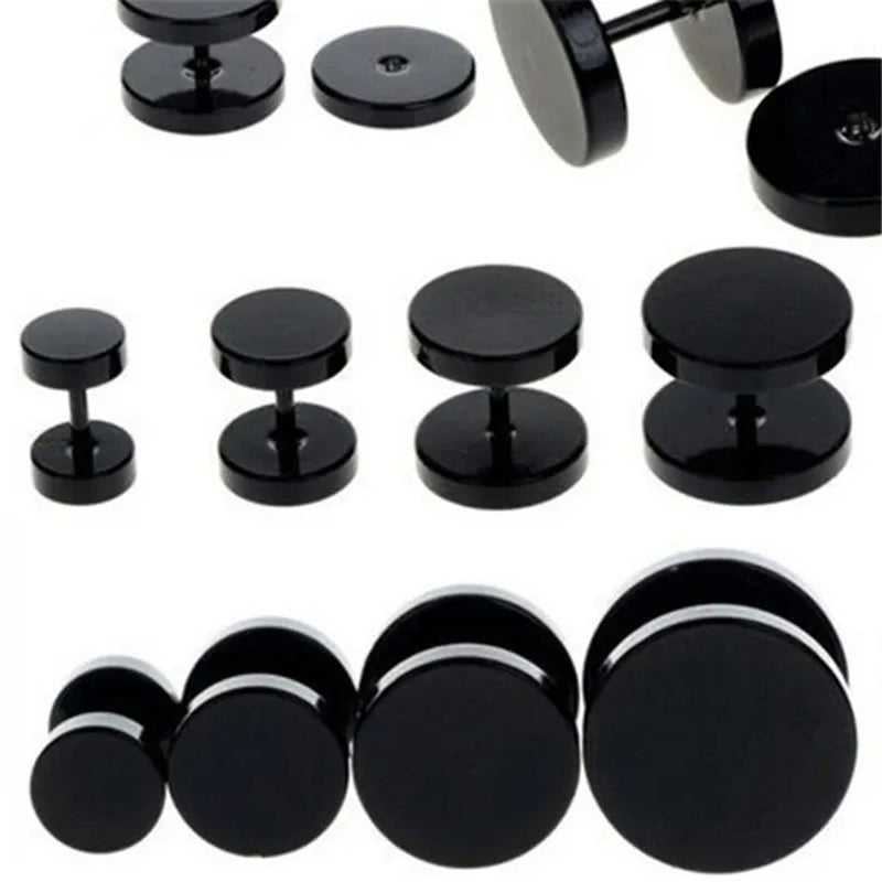 Punk Style Black Silver Stud Earrings Unisex Man Woman Earrings round Barbell Ear Stud Fashion Ear Piercing Jewelry Fake Plug 1 Pair