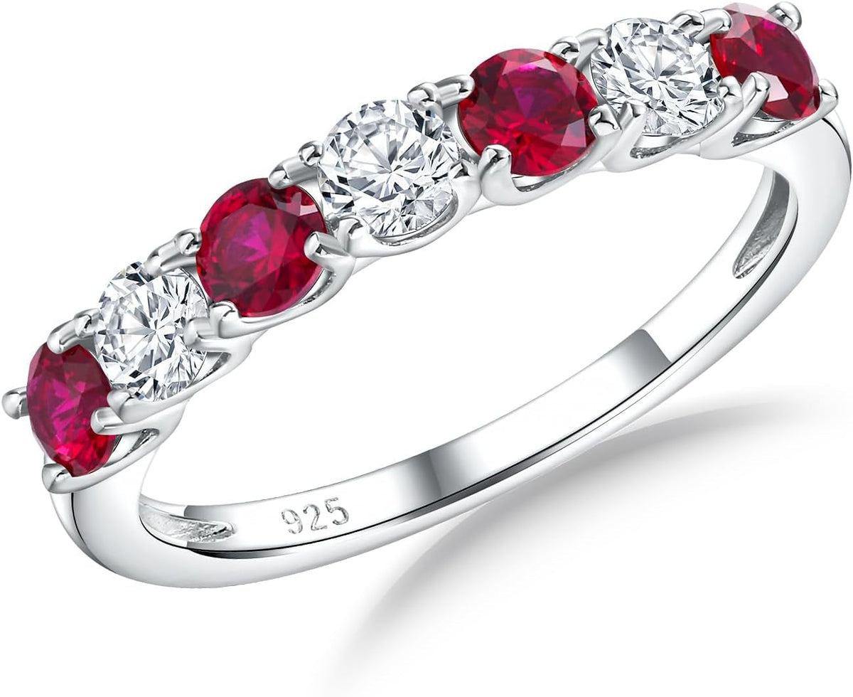 925 Sterling Silver Birthstone Rings for Women Created Gemstone Half Eternity Band 7 Stone Cubic Zirconia Wedding Band Birthstone Jewelry Size 6-10