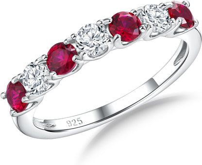 925 Sterling Silver Birthstone Rings for Women Created Gemstone Half Eternity Band 7 Stone Cubic Zirconia Wedding Band Birthstone Jewelry Size 6-10