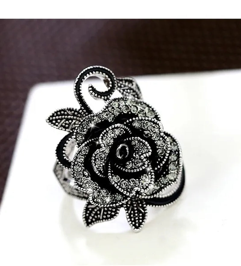 US/UK trendy Women Retro Rose Flower Ring Black Crystal Vantige Big Flower Rings Jewelry Gift
