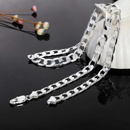 925 Sterling Silver Fashion Italian Curb Link Chain Necklace Bracelet 925 Silver High Quality Jewelry Set for Women and Men