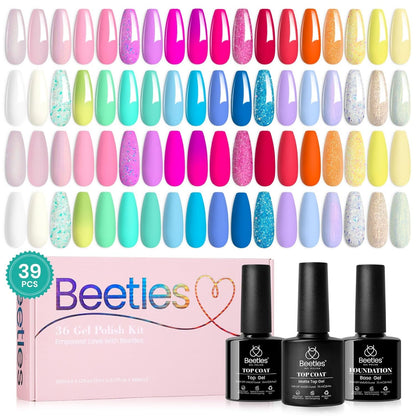 Beetles 23Pcs Gel Nail Polish Kit with Glossy Matte Top Coat and Base Coat Girls Night Collection White Nude Gray Glitters Gel Nail Polish Set U V Soak Off Holiday Manicure for Women Girls