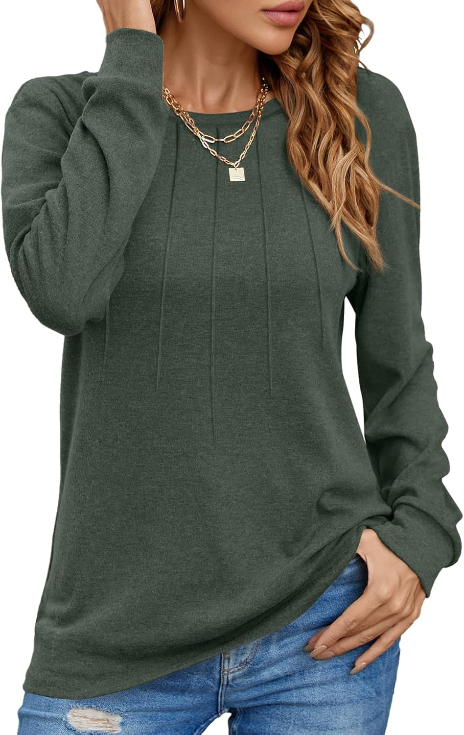 Women Long Sleeve Shirts Casual Tops Dressy Blouses Fashion Pleated Tunic