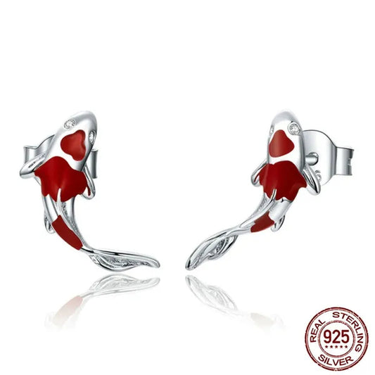 2020 Lucky Koi 925 Sterling Silver Red Enamel White Gold Plated Earrings for Women's Valentine Fashion Jewelry Gift