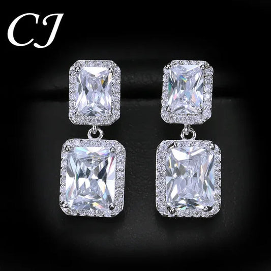 CANDICE Women Sparkling Banquet Drop Earrings Setting White Gold Plating Double Square Cubic Zirconia Dangle Ear Jewelry For Wedding Party