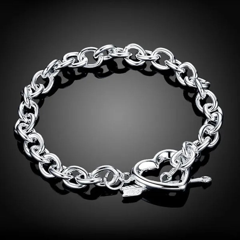 New 925 Sterling Silver Through Heart Bracelet Bangle for Men Women Fashion Party Wedding Jewelry Valentine's Gift