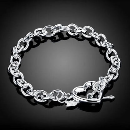 New 925 Sterling Silver Through Heart Bracelet Bangle for Men Women Fashion Party Wedding Jewelry Valentine's Gift