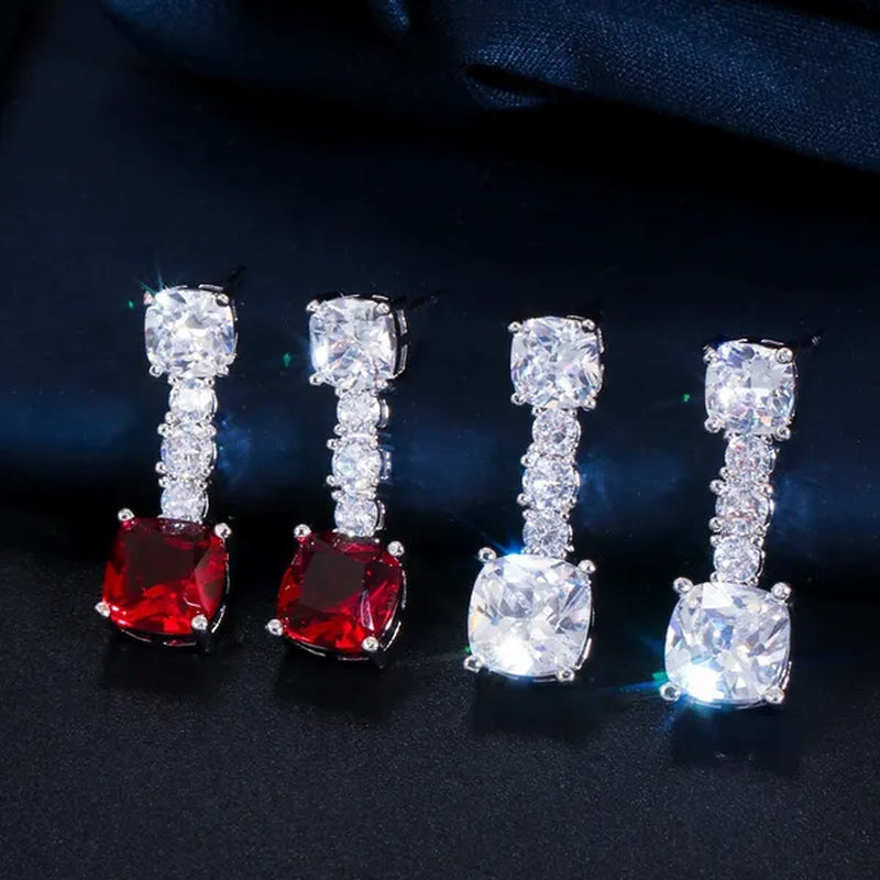 CANDICE Fashion Modern Bridal Party Jewelry White Cubic Zirconia with Exquisite Red Stone Square Drop Necklace Earrings Set for Brides